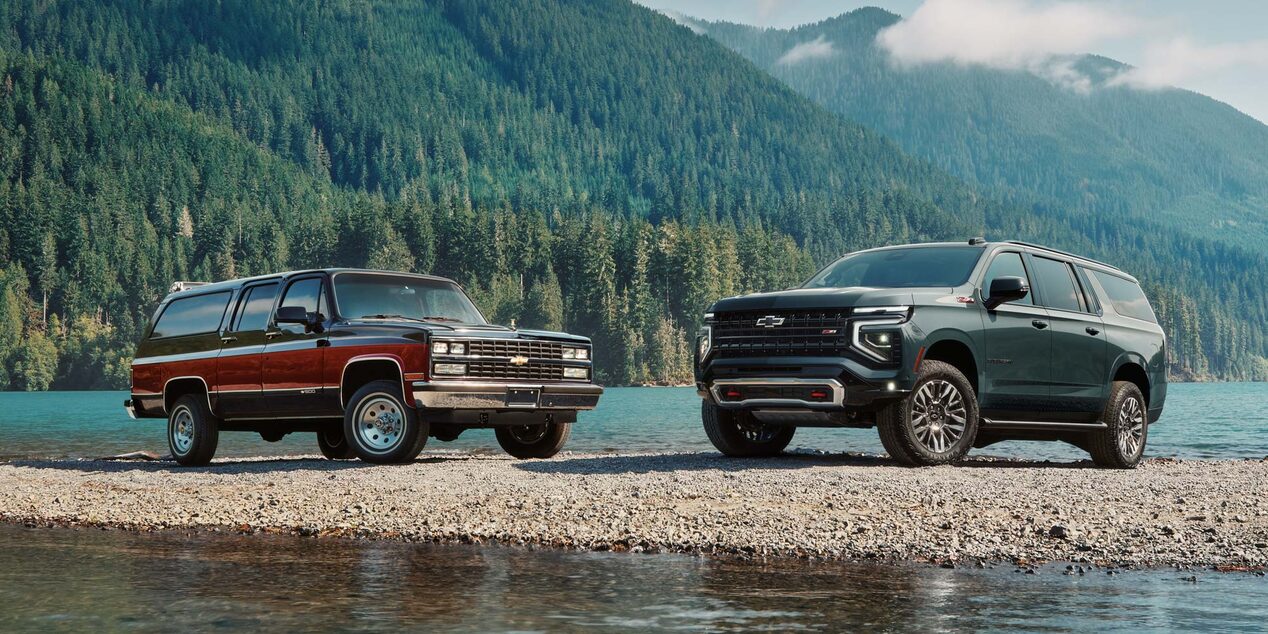 Vista frontal de la Chevrolet Suburban 2025, resaltando su parrilla imponente, luces LED y diseño robusto, ideal para transmitir tecnología y presencia en entornos urbanos