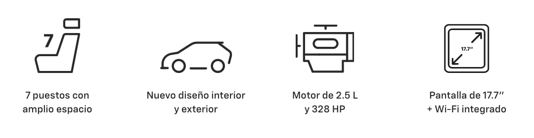 Mundo SUV Chevrolet - 7 puestos con amplio espacio. Nuevo diseño interior y exterior. Motor de 2.5 L y 328 HP. Pantalla de 17.8'' + Wi-Fi integrado.