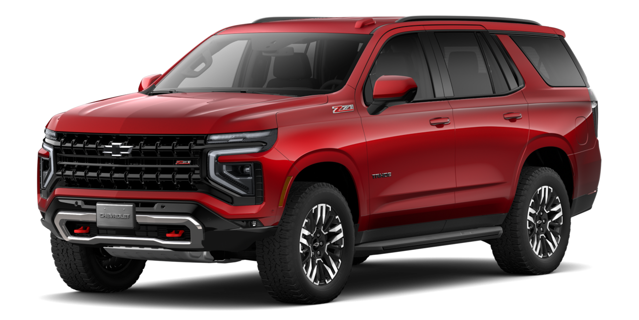 Vista frontal lateral de Chevrolet Tahoe Z71 en rojo, SUV robusta del portafolio Chevrolet Mundo SUV 2025
