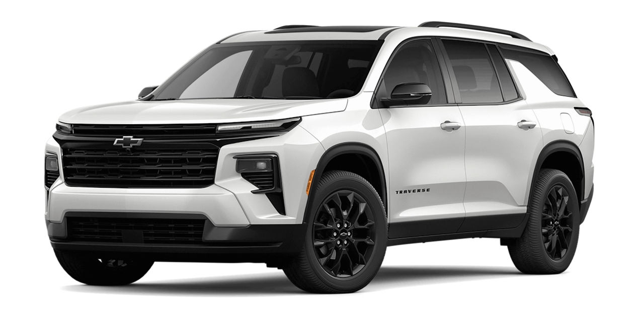 Vista lateral frontal de Chevrolet Traverse en color blanco, SUV elegante y espaciosa del portafolio Chevrolet Mundo SUV 2025