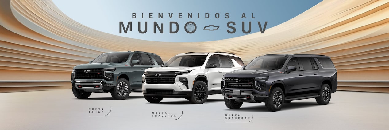 Imagen promocional del portafolio Chevrolet Mundo SUV con los modelos Nueva Tahoe, Nueva Traverse y Nueva Suburban