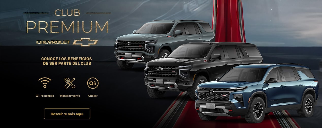 Imagen promocional del Club Premium Chevrolet con tres modelos SUV y beneficios destacados como WiFi, mantenimiento y OnStar.